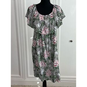 Charlie Off-The-Shoulder Dress Black and White Stripe Floral Print Size M NW‎